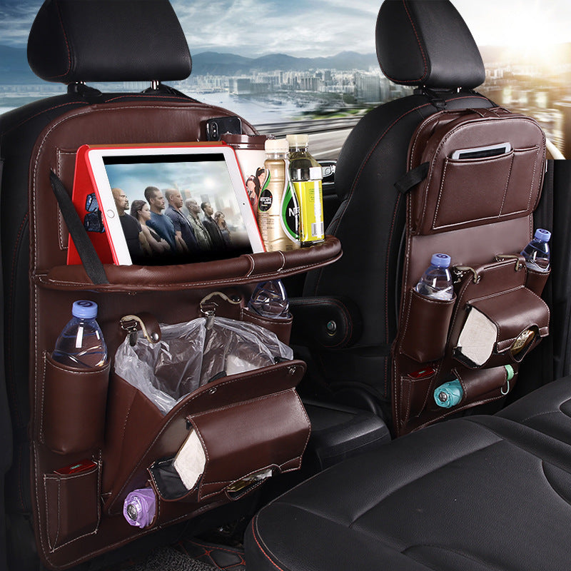 Leather Car Seat Back Storage Bag with Tray Table and Tablet Holder