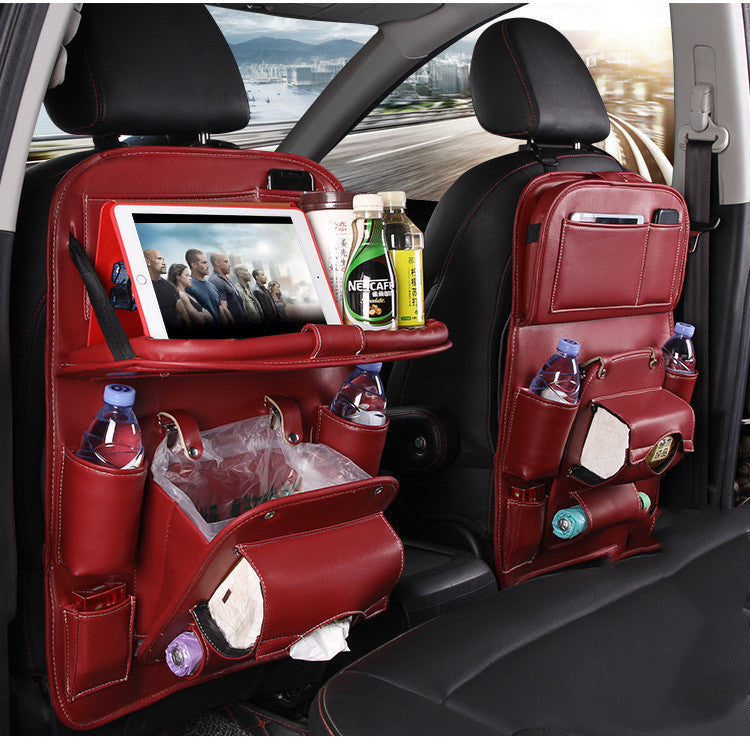 Leather Car Seat Back Storage Bag with Tray Table and Tablet Holder