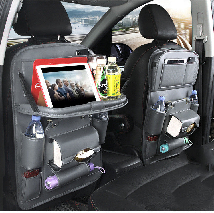 Leather Car Seat Back Storage Bag with Tray Table and Tablet Holder