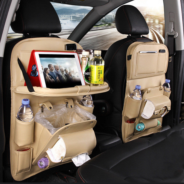 Leather Car Seat Back Storage Bag with Tray Table and Tablet Holder