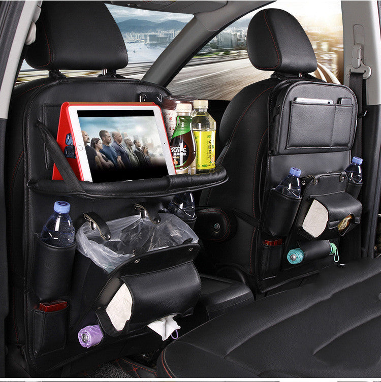 Leather Car Seat Back Storage Bag with Tray Table and Tablet Holder