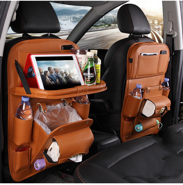 Leather Car Seat Back Storage Bag with Tray Table and Tablet Holder