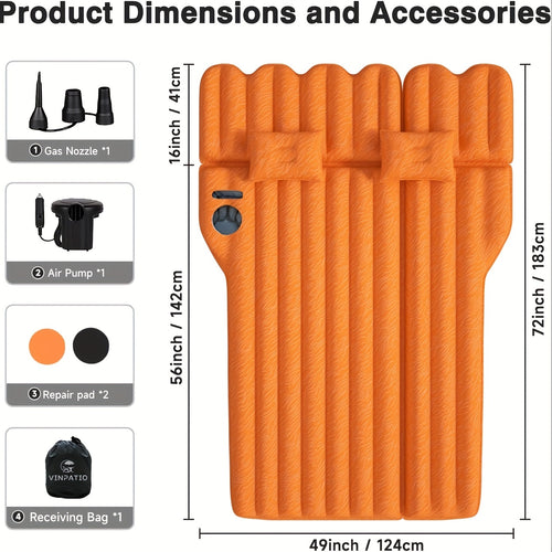 Orange inflatable mat with dimensions and accessories listed on a white background
