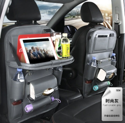 Leather Car Seat Back Storage Bag with Tray Table and Tablet Holder